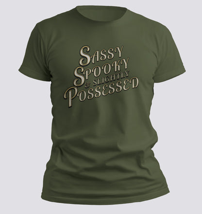 Sassy, Spooky & Slightly Possessed – Gothic Script Tee